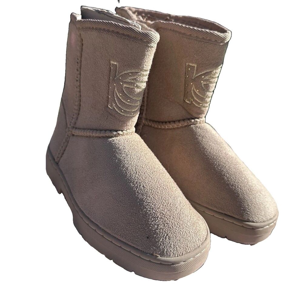 BEBE Girls Taupe Beige Suede Rhinestone Logo Winter Ankle Boots NWT Size 2